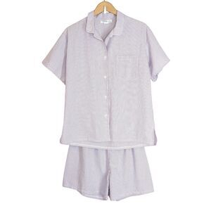 The Pillow Bar Pajama Set Sz L Purple White Seersucker Button Top Shorts Preppy
